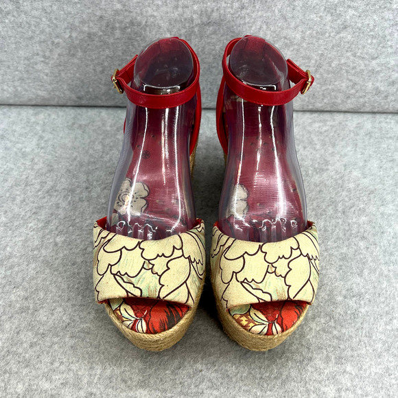 Tory Burch Sherri Floral Platform Espadrille Wedge Sandal - Red/White -Women 9 - Picture 3 of 10